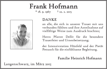 Traueranzeige von Frank Hofmann 