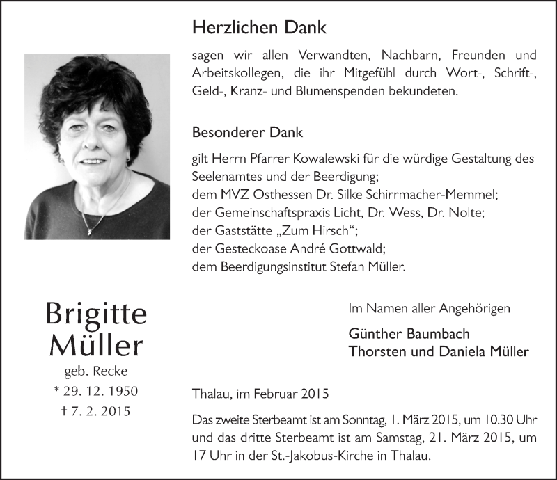  Traueranzeige für Brigitte Müller vom 26.02.2015 aus 