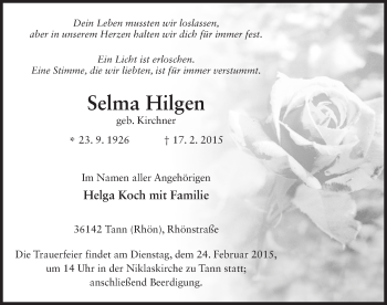 Traueranzeige von Selma Hilgen 
