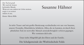 Traueranzeige von Susanne Hähner 