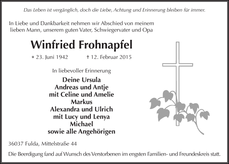  Traueranzeige für Winfried Frohnapfel vom 27.02.2015 aus 