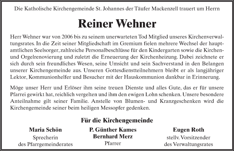  Traueranzeige für Reiner Wehner vom 12.02.2015 aus 