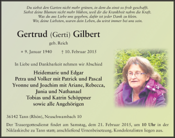 Traueranzeige von Gertrud Gilbert 