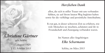 Traueranzeige von Christine Gärtner 