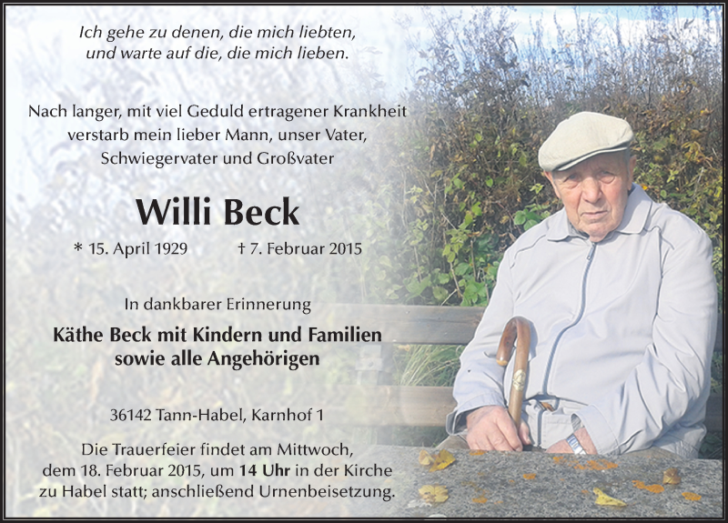 Traueranzeige für Willi Beck vom 16.02.2015 aus 