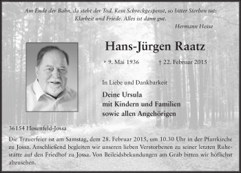 Traueranzeige von Hans-Jürgen Raatz 