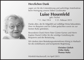 Traueranzeige von Luise Hosenfeld  Fischer 