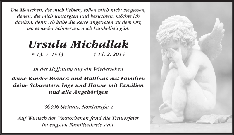  Traueranzeige für Ursula Michallak vom 19.02.2015 aus 