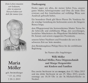 Traueranzeige von Maria Möller geb, Streitenberger 