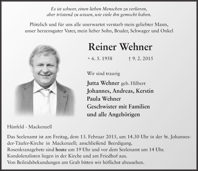  Traueranzeige für Reiner Wehner vom 12.02.2015 aus 