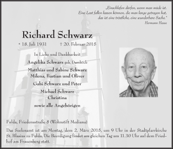 Traueranzeige von Richard Schwarz 