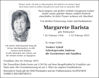 Traueranzeige von Margarete Barista 