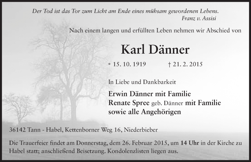  Traueranzeige für Karl Dänner vom 24.02.2015 aus 