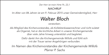 Traueranzeige von Walter Bloch 