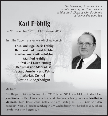 Traueranzeige von Karl Fröhlig 