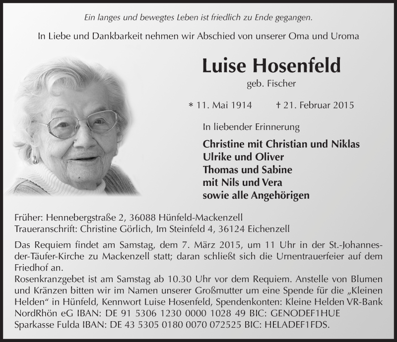  Traueranzeige für Luise Hosenfeld vom 03.03.2015 aus 