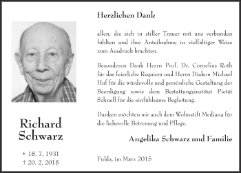Traueranzeige von Richard Schwarz 