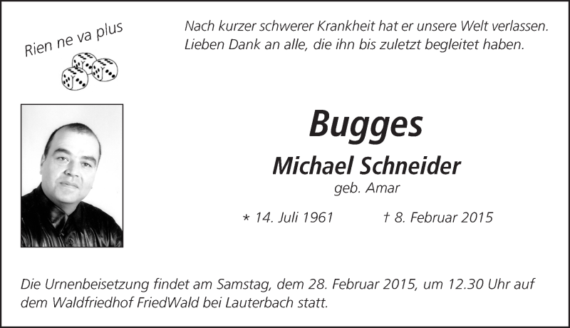  Traueranzeige für Michael Schneider vom 14.02.2015 aus 