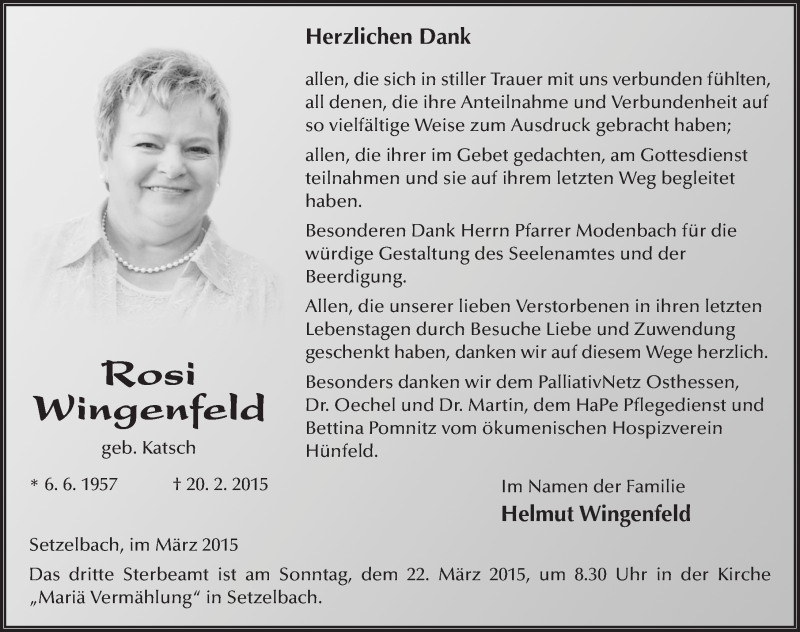  Traueranzeige für Rosi Wingenfeld vom 20.03.2015 aus 