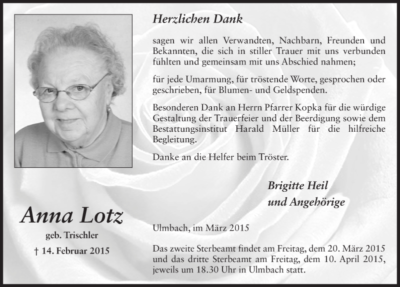  Traueranzeige für Anna Lotz vom 07.03.2015 aus 