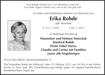 Traueranzeige von Erika Rohde 