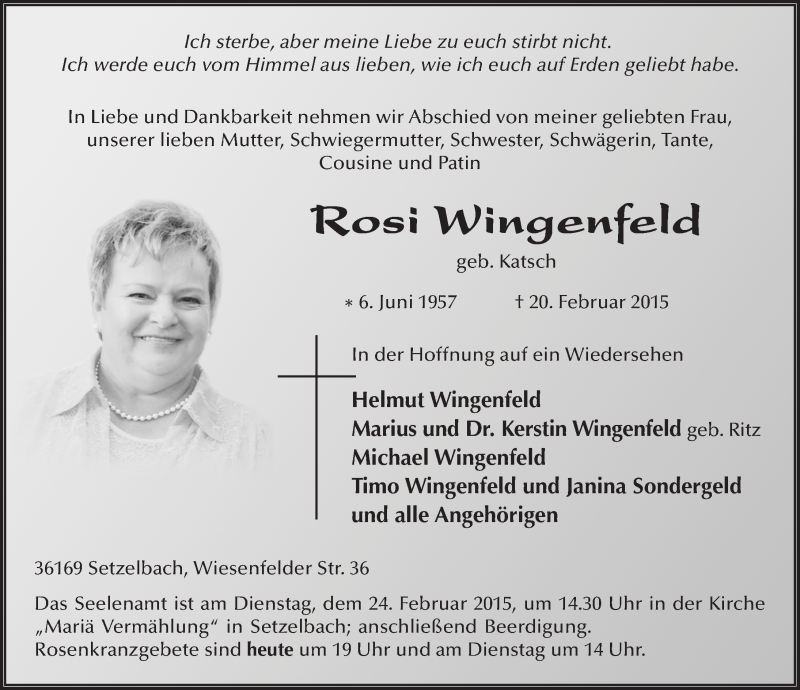  Traueranzeige für Rosi Wingenfeld vom 23.02.2015 aus 