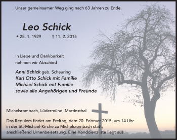 Traueranzeige von Leo Schick 