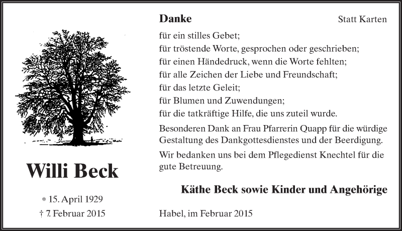  Traueranzeige für Willi Beck vom 28.02.2015 aus 