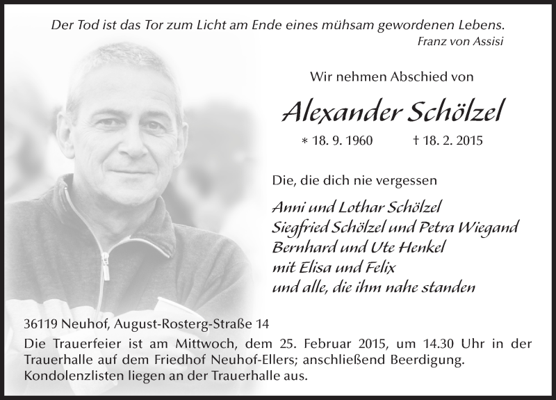  Traueranzeige für Alexander Schölzel vom 23.02.2015 aus 