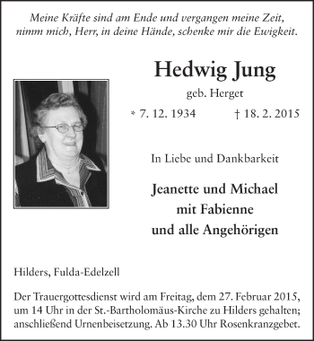 Traueranzeige von Hedwig Jung 