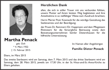 Traueranzeige von Martha Penack 