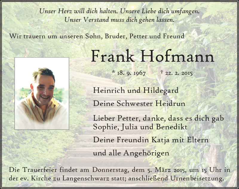  Traueranzeige für Frank Hofmann vom 03.03.2015 aus 