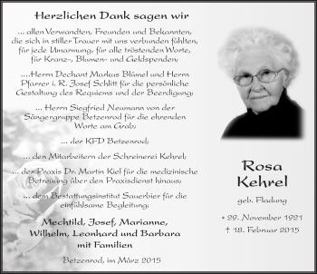 Traueranzeige von Rosa Kehrel 