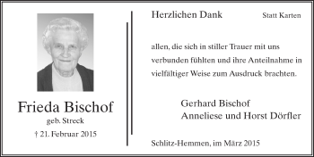 Traueranzeige von Frieda Bischof 