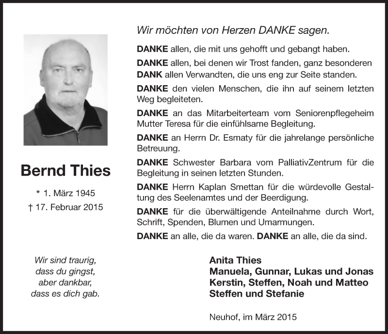  Traueranzeige für Bernd Thies vom 14.03.2015 aus 
