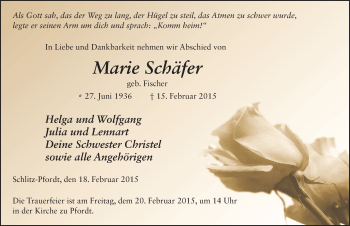 Traueranzeige von Marie Schäfer 