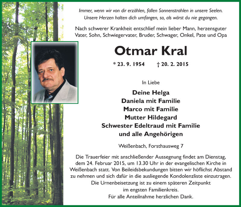  Traueranzeige für Otmar Kral vom 23.02.2015 aus 