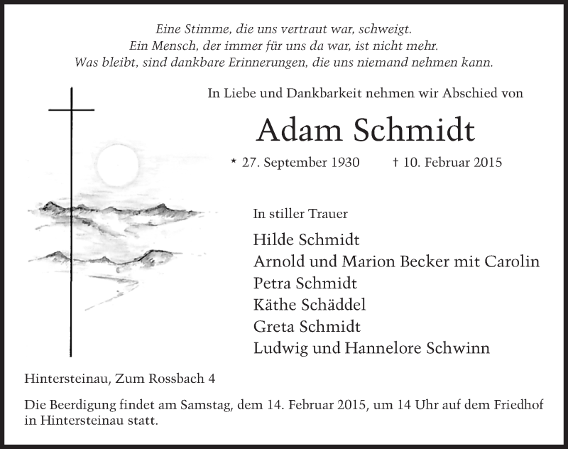  Traueranzeige für Adam Schmidt vom 12.02.2015 aus 