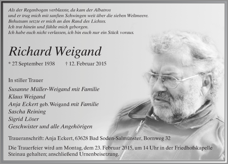  Traueranzeige für Richard Weigand vom 18.02.2015 aus 