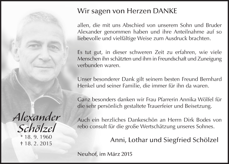  Traueranzeige für Alexander Schölzel vom 18.03.2015 aus 