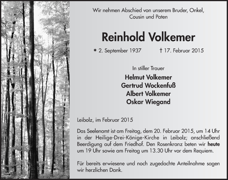  Traueranzeige für Reinhold Volkemer vom 19.02.2015 aus 