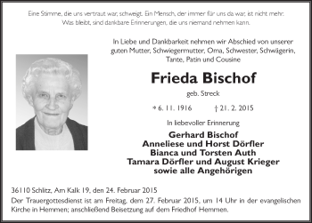 Traueranzeige von Frieda Bischof 