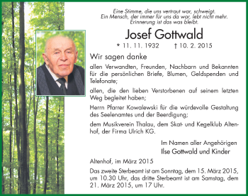 Traueranzeige von Josef Gottwald 