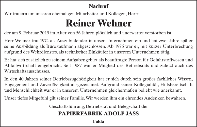  Traueranzeige für Reiner Wehner vom 12.02.2015 aus 