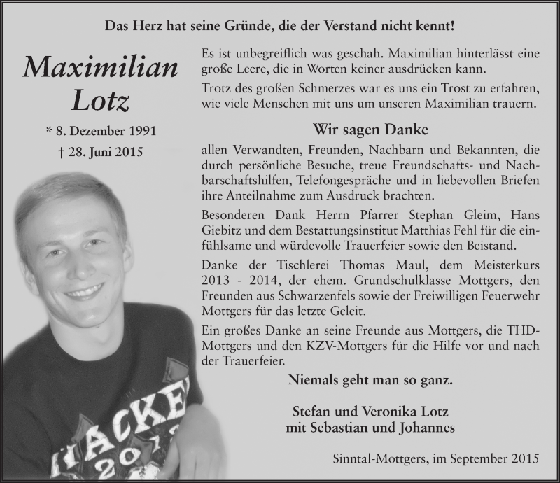  Traueranzeige für Maximilian Lotz vom 03.09.2015 aus 