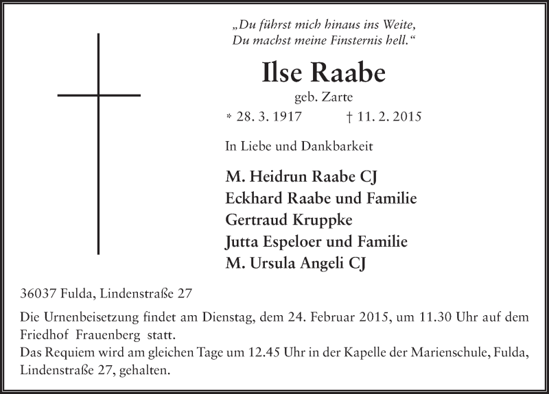  Traueranzeige für Ilse Raabe vom 20.02.2015 aus 