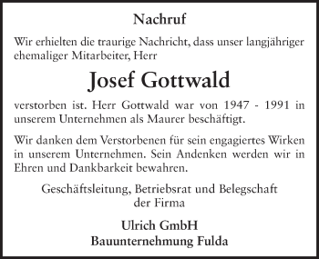 Traueranzeige von Josef Gottwald 