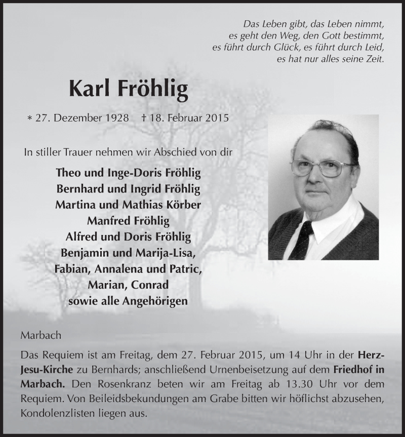  Traueranzeige für Karl Fröhlig vom 24.02.2015 aus 