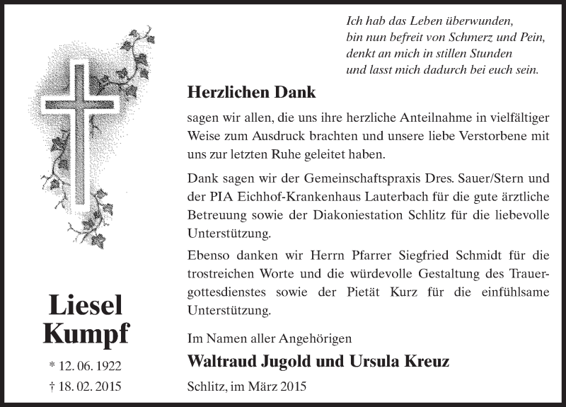  Traueranzeige für Liesel Kumpf vom 28.03.2015 aus 