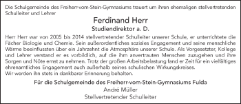 Traueranzeige von Ferdinand Herr 